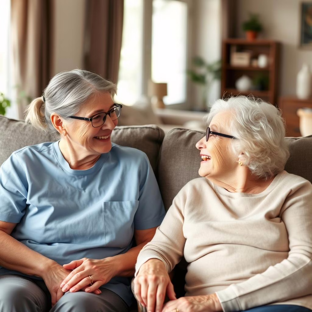 Caregiver and elderly client enjoying conversation in McKinney home Caregiver and elderly client enjoying conversation in McKinney home