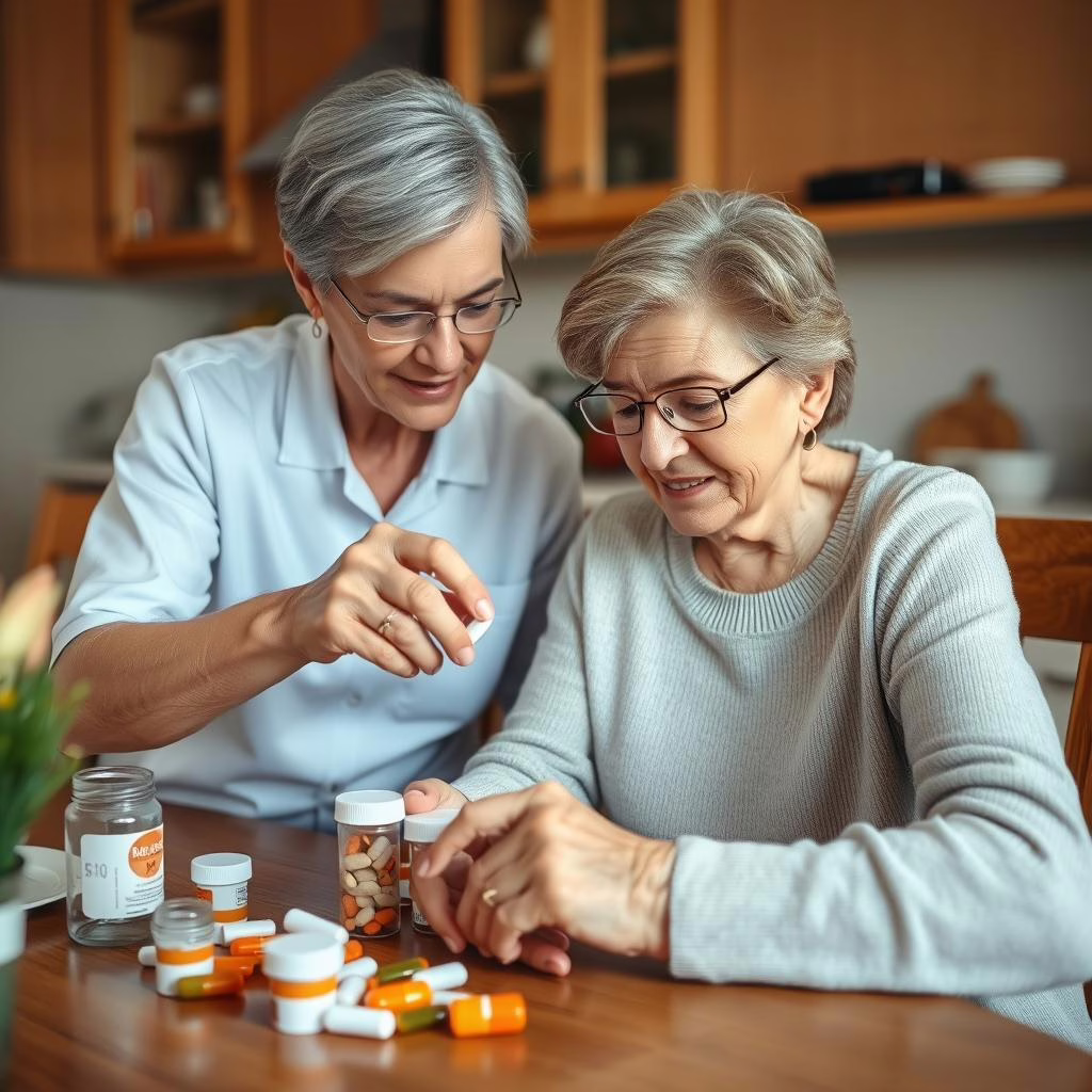 Caregiver assisting senior with medication management in Denton
