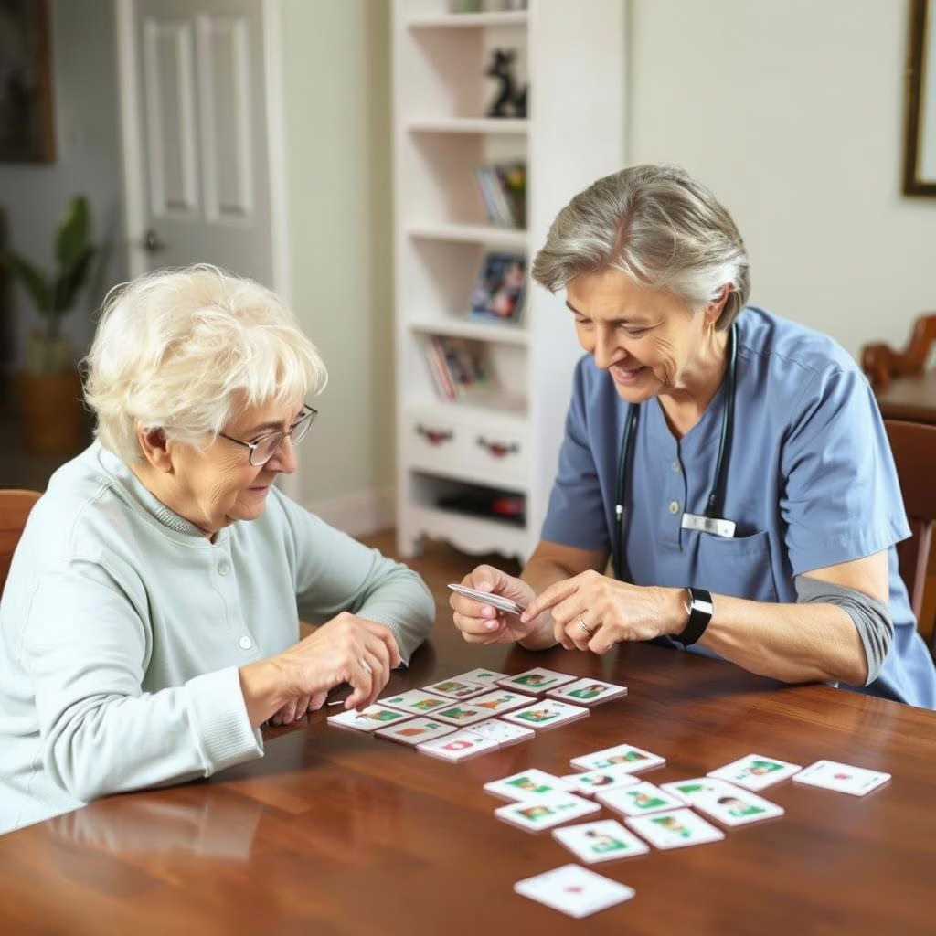 Caregiver assisting senior with memory activities in Allen, TX Caregiver assisting senior with memory activities in Allen, TX