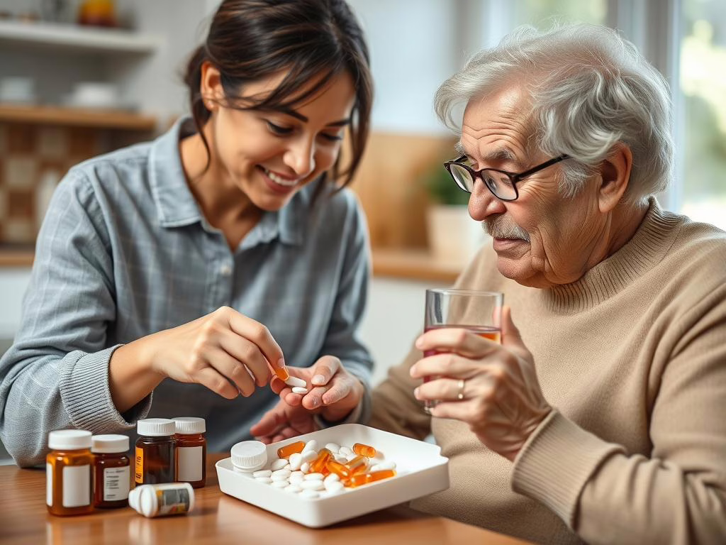 Caregiver helping senior with medication as part of Elder Home Care Prosper TX services Caregiver helping senior with medication as part of Elder Home Care Prosper TX services