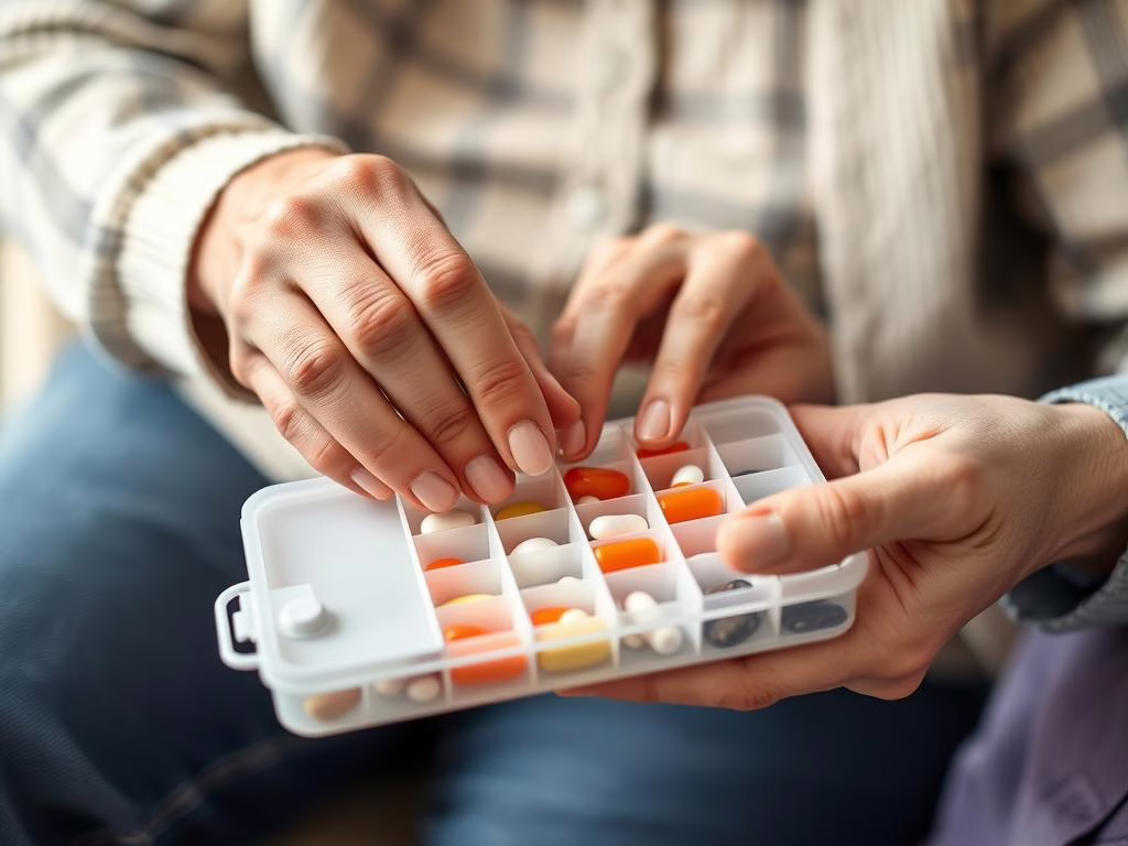 Caregiver helping senior with medication management in The Colony TX