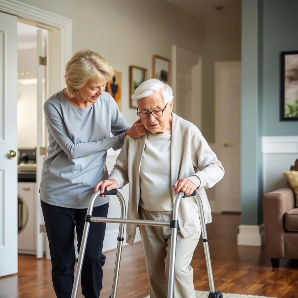 Caregiver helping senior with mobility in Denton home