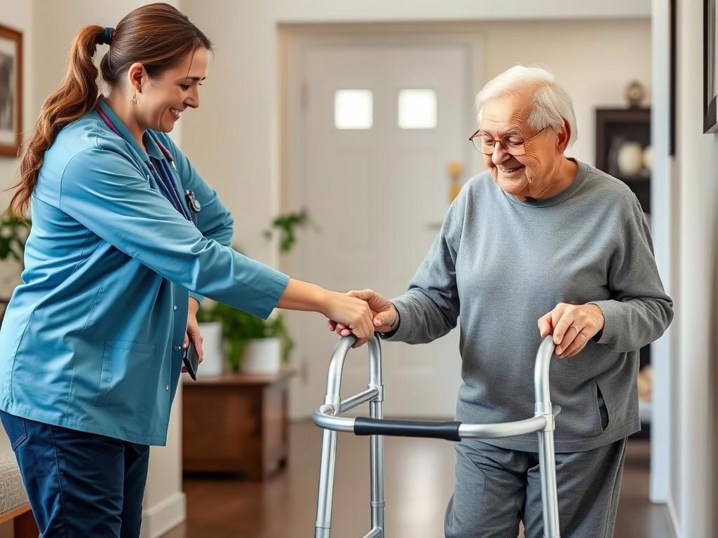 Caregiver helping senior with mobility in Plano home