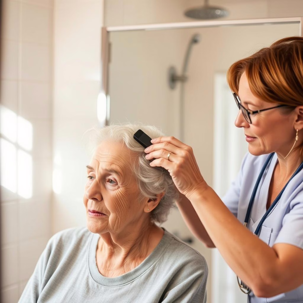 Caregiver helping senior with personal care in Denton