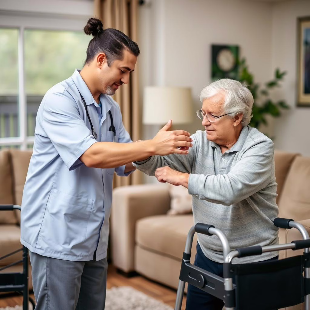 Caregiver helping senior with recovery exercises in Allen home Caregiver helping senior with recovery exercises in Allen home