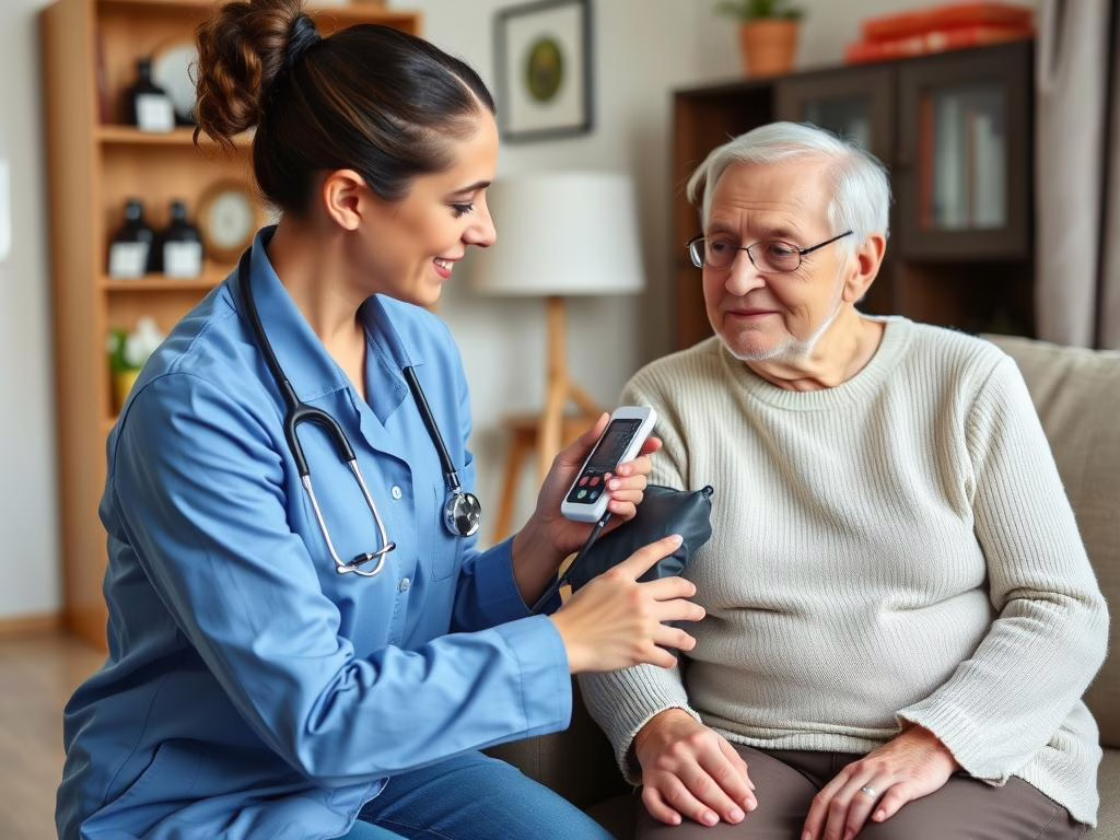 Caregiver monitoring senior's health as part of Elder Home Care Prosper TX specialized care Caregiver monitoring senior's health as part of Elder Home Care Prosper TX specialized care