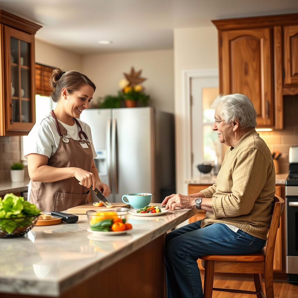 Caregiver preparing healthy meal for senior in Denton home
