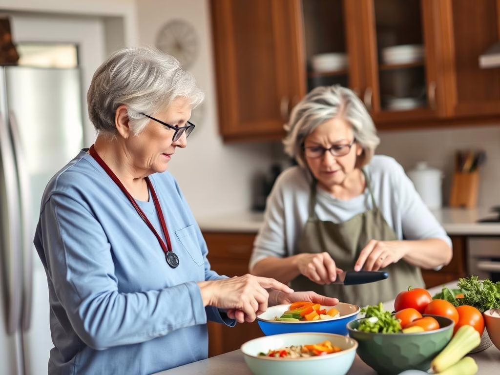 Caregiver preparing healthy meal for senior in The Colony home