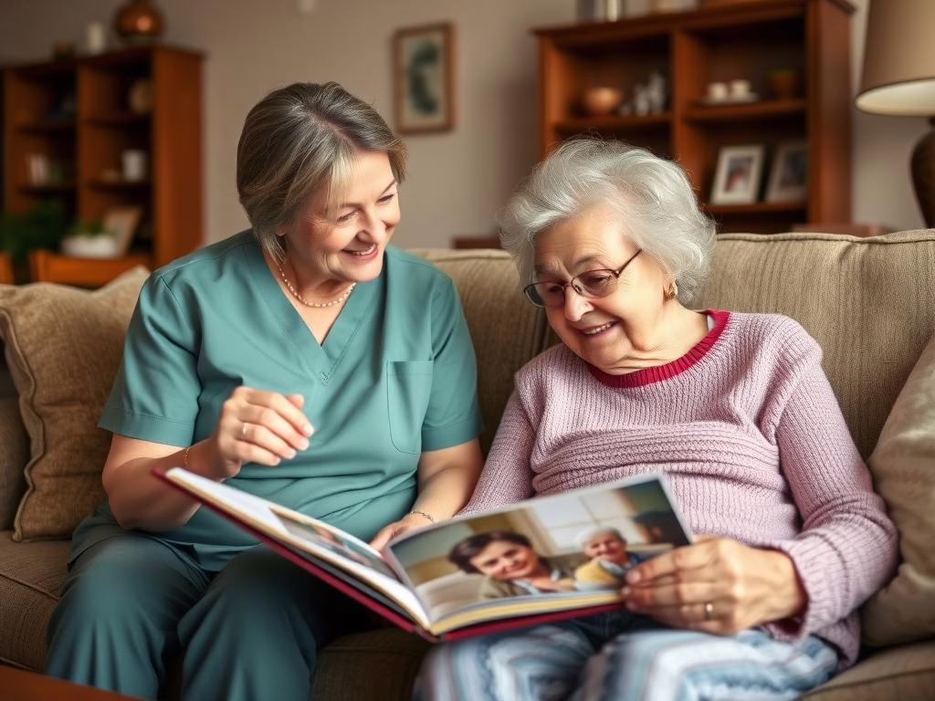 Caregiver providing companionship to elderly woman in The Colony Texas home