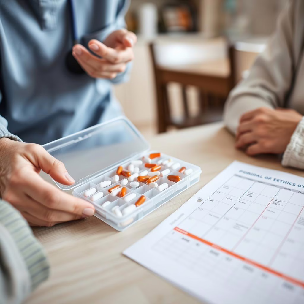 Caregiver providing medication reminders to senior in McKinney Caregiver providing medication reminders to senior in McKinney