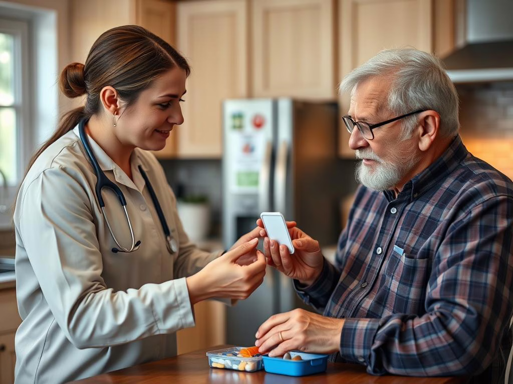 Elder home care provider helping senior with medication in Allen, TX Elder home care provider helping senior with medication in Allen, TX