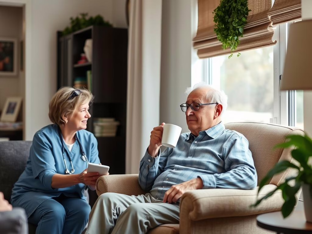 Elderly man enjoying coffee in his Plano home with caregiver Elderly man enjoying coffee in his Plano home with caregiver