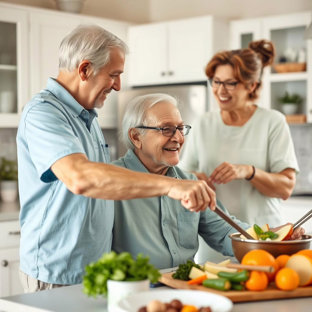 Elderly man smiling with his caregiver in The Colony home setting
