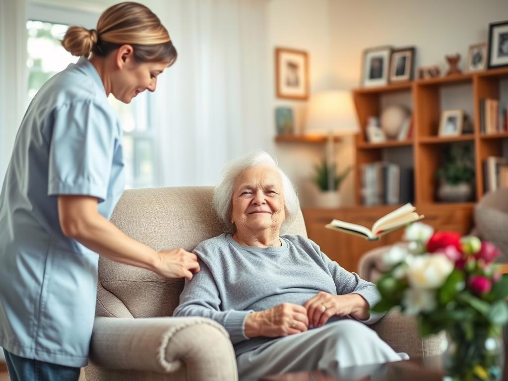 Elderly woman enjoying comfort of her McKinney TX home with caregiver Elderly woman enjoying comfort of her McKinney TX home with caregiver