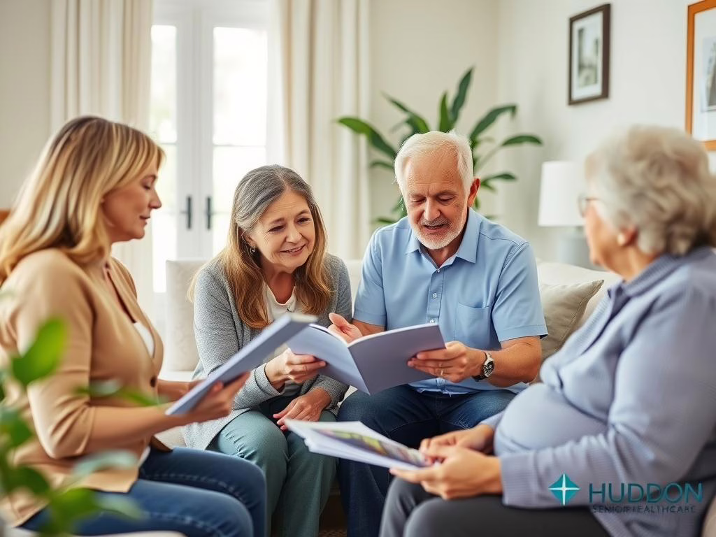Family members discussing Elder Home Care Prosper TX options with Hudson Senior Healthcare coordinator Family members discussing Elder Home Care Prosper TX options with Hudson Senior Healthcare coordinator
