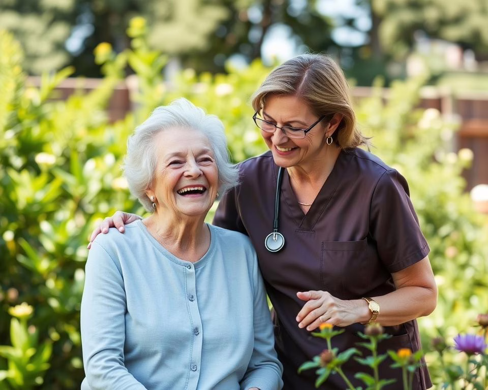 Happy senior woman with her caregiver in Plano garden